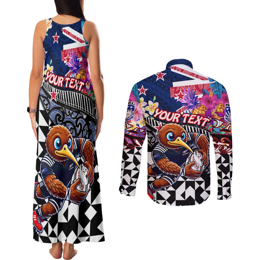 Personalized Kiwi New Zealand Rugby Couples Matching Tank Maxi Dress and Long Sleeve Button Shirt Kiwis Mascot Tropical Pattern