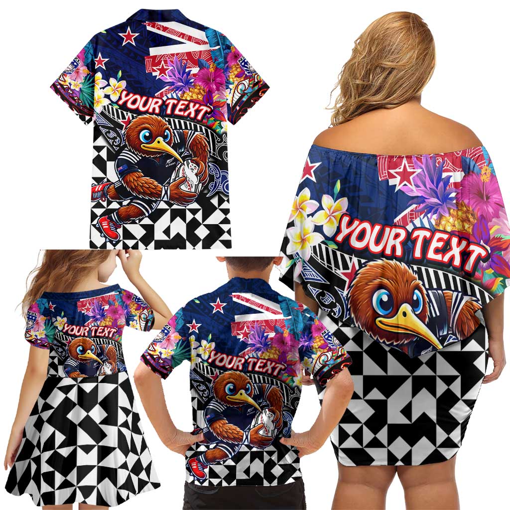 Personalized Kiwi New Zealand Rugby Family Matching Off Shoulder Short Dress and Hawaiian Shirt Kiwis Mascot Tropical Pattern