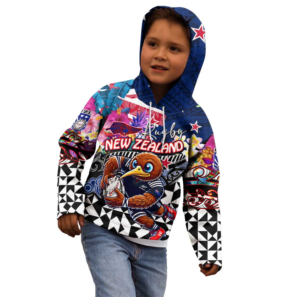 Personalized Kiwi New Zealand Rugby Kid Hoodie Kiwis Mascot Tropical Pattern