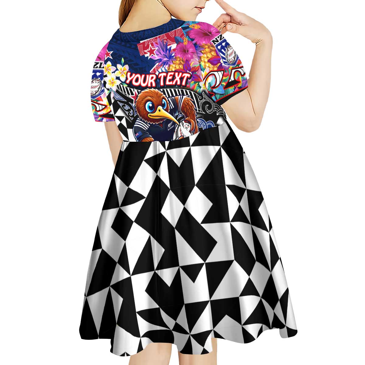 Personalized Kiwi New Zealand Rugby Kid Short Sleeve Dress Kiwis Mascot Tropical Pattern