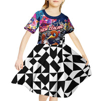 Personalized Kiwi New Zealand Rugby Kid Short Sleeve Dress Kiwis Mascot Tropical Pattern