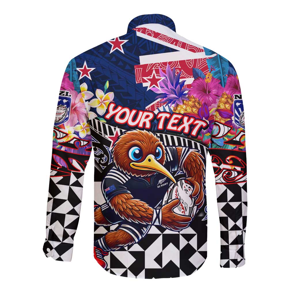 Personalized Kiwi New Zealand Rugby Long Sleeve Button Shirt Kiwis Mascot Tropical Pattern