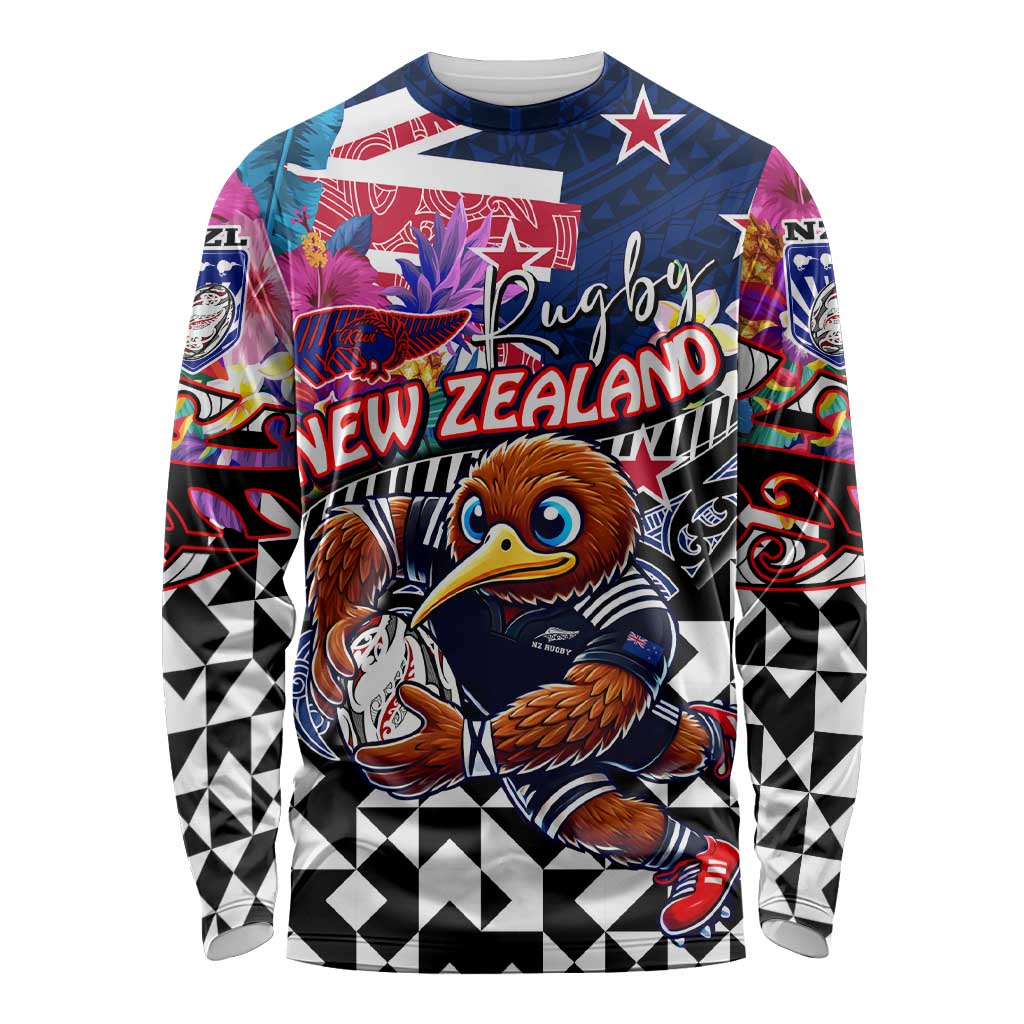 Personalized Kiwi New Zealand Rugby Long Sleeve Shirt Kiwis Mascot Tropical Pattern