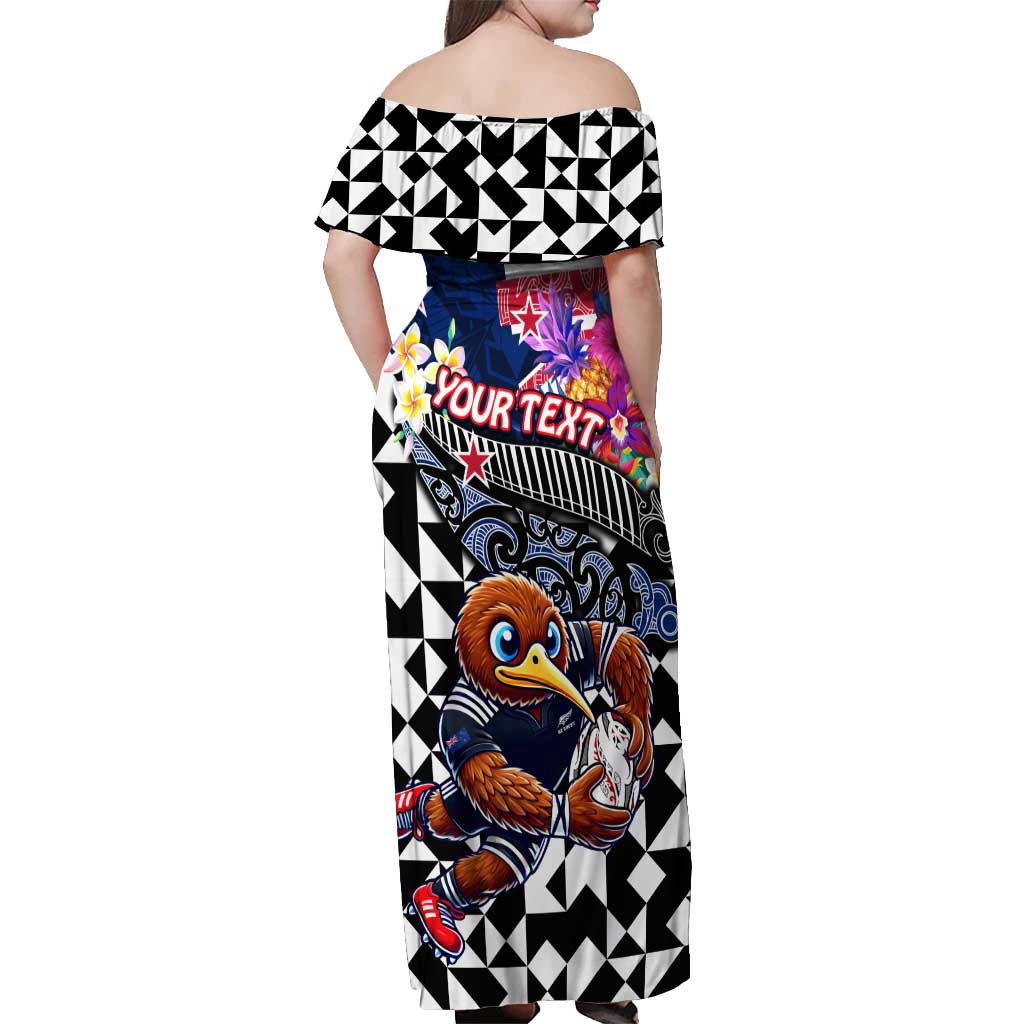 Personalized Kiwi New Zealand Rugby Off Shoulder Maxi Dress Kiwis Mascot Tropical Pattern
