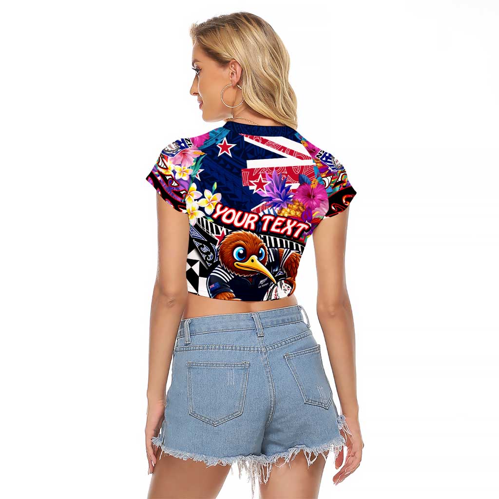 Personalized Kiwi New Zealand Rugby Raglan Cropped T Shirt Kiwis Mascot Tropical Pattern