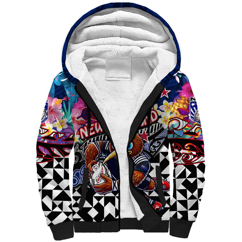 Personalized Kiwi New Zealand Rugby Sherpa Hoodie Kiwis Mascot Tropical Pattern
