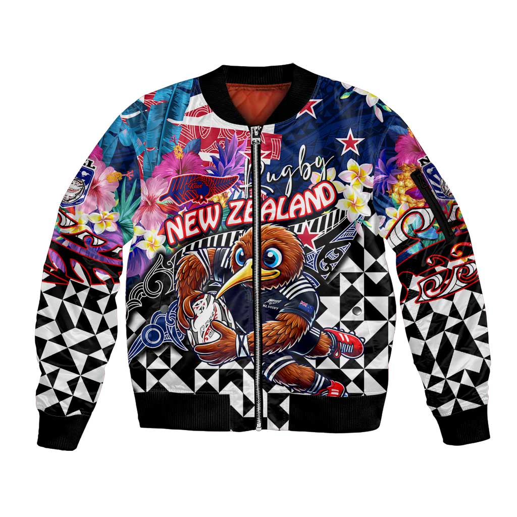 Personalized Kiwi New Zealand Rugby Sleeve Zip Bomber Jacket Kiwis Mascot Tropical Pattern