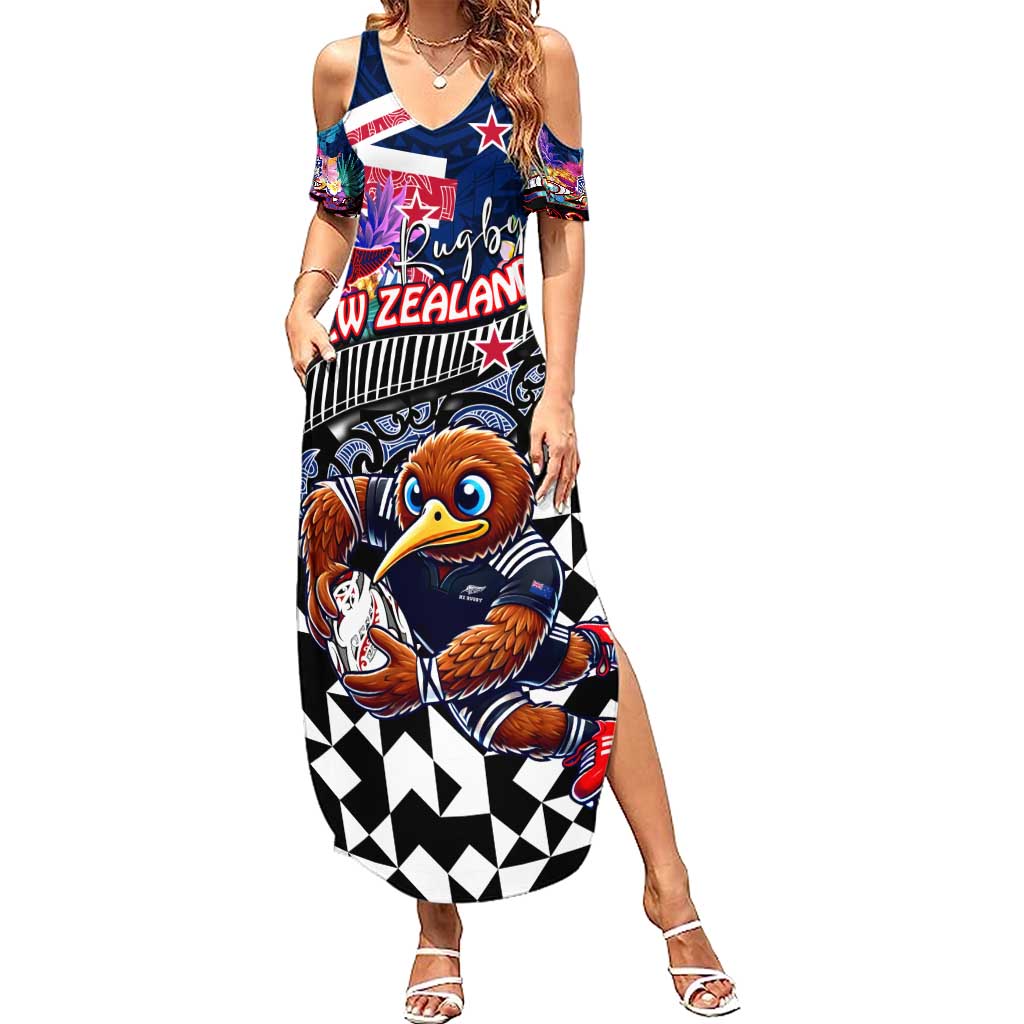 Personalized Kiwi New Zealand Rugby Summer Maxi Dress Kiwis Mascot Tropical Pattern