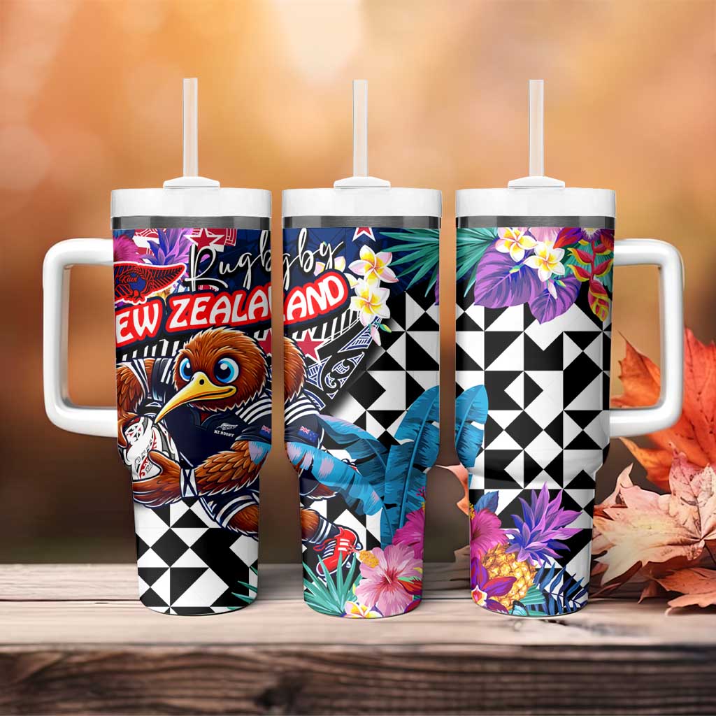Kiwi New Zealand Rugby Tumbler With Handle Kiwis Mascot Tropical Pattern