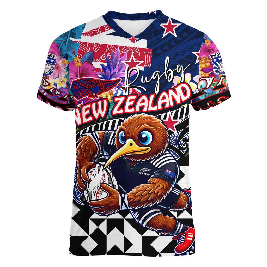 Personalized Kiwi New Zealand Rugby Women V-Neck T-Shirt Kiwis Mascot Tropical Pattern