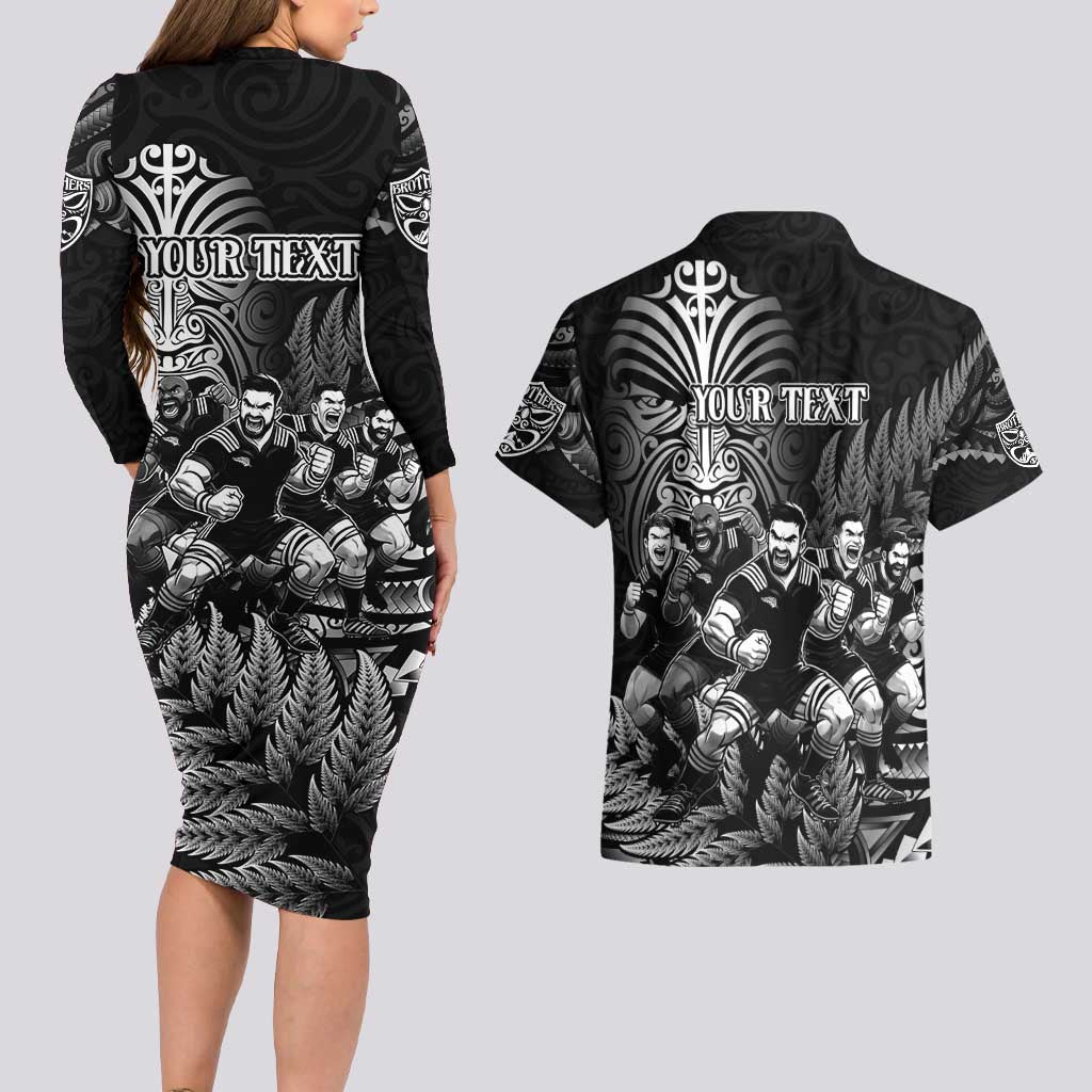 Personalized All Black Brothers Rugby Couples Matching Long Sleeve Bodycon Dress and Hawaiian Shirt New Zealand Maori Haka