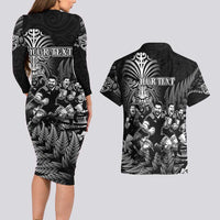 Personalized All Black Brothers Rugby Couples Matching Long Sleeve Bodycon Dress and Hawaiian Shirt New Zealand Maori Haka