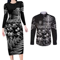 Personalized All Black Brothers Rugby Couples Matching Long Sleeve Bodycon Dress and Long Sleeve Button Shirt New Zealand Maori Haka