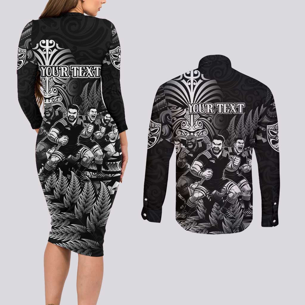 Personalized All Black Brothers Rugby Couples Matching Long Sleeve Bodycon Dress and Long Sleeve Button Shirt New Zealand Maori Haka