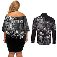 Personalized All Black Brothers Rugby Couples Matching Off Shoulder Short Dress and Long Sleeve Button Shirt New Zealand Maori Haka