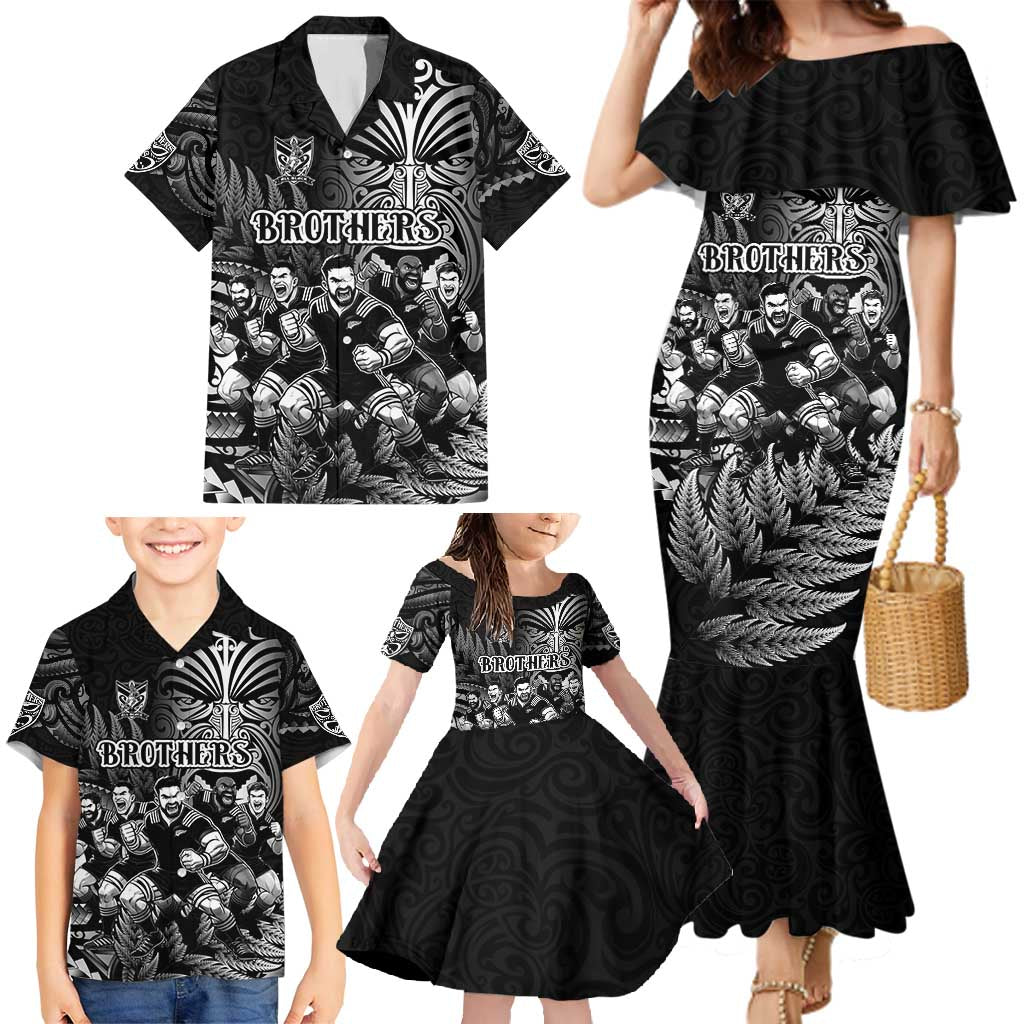 Personalized All Black Brothers Rugby Family Matching Mermaid Dress and Hawaiian Shirt New Zealand Maori Haka