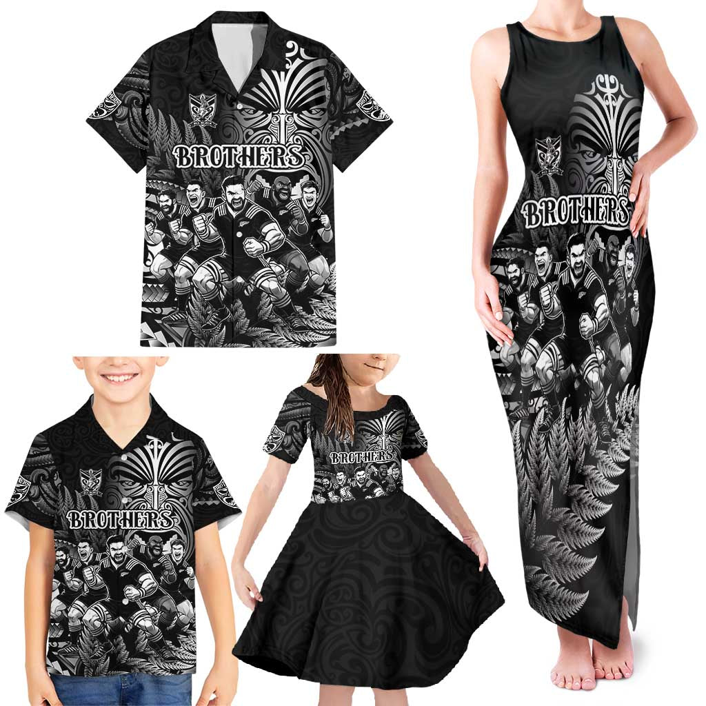 Personalized All Black Brothers Rugby Family Matching Tank Maxi Dress and Hawaiian Shirt New Zealand Maori Haka