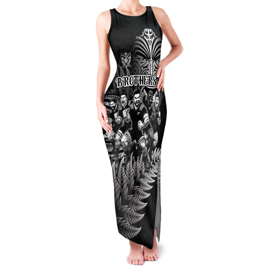 Personalized All Black Brothers Rugby Family Matching Tank Maxi Dress and Hawaiian Shirt New Zealand Maori Haka