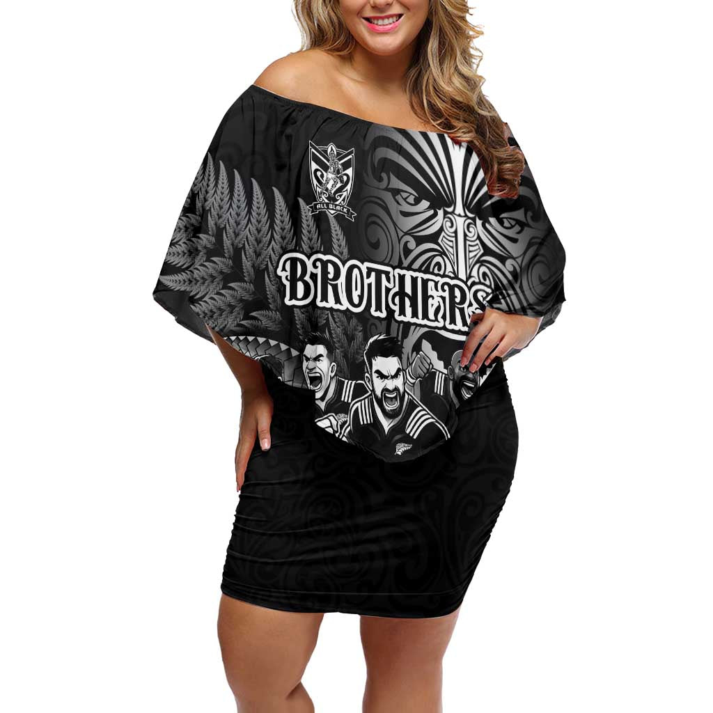 Personalized All Black Brothers Rugby Off Shoulder Short Dress New Zealand Maori Haka