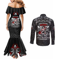 All Black NZL Rugby Champions Couples Matching Mermaid Dress and Long Sleeve Button Shirt Maori Warrior
