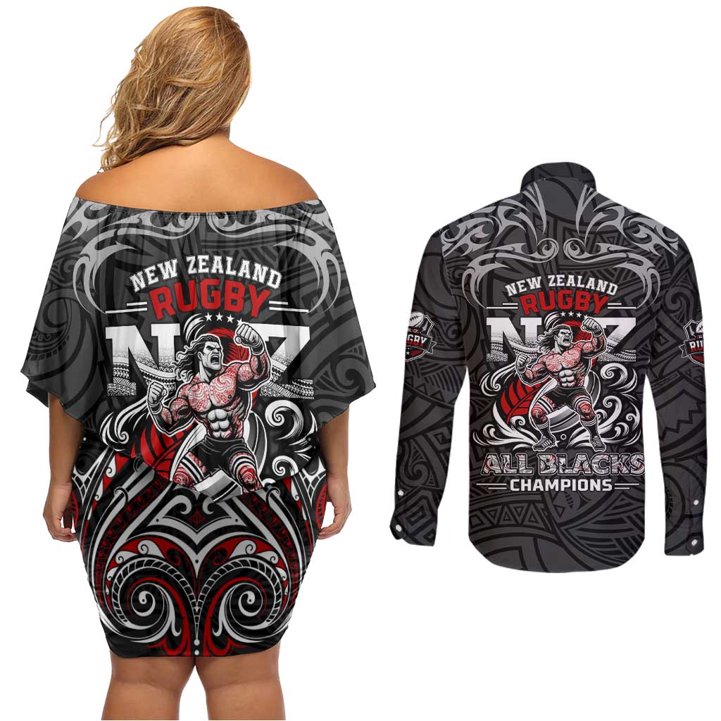 All Black NZL Rugby Champions Couples Matching Off Shoulder Short Dress and Long Sleeve Button Shirt Maori Warrior