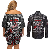 All Black NZL Rugby Champions Couples Matching Off Shoulder Short Dress and Long Sleeve Button Shirt Maori Warrior