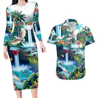 Wailua Falls Hawaii Couples Matching Long Sleeve Bodycon Dress and Hawaiian Shirt Kauai Natural Beauty