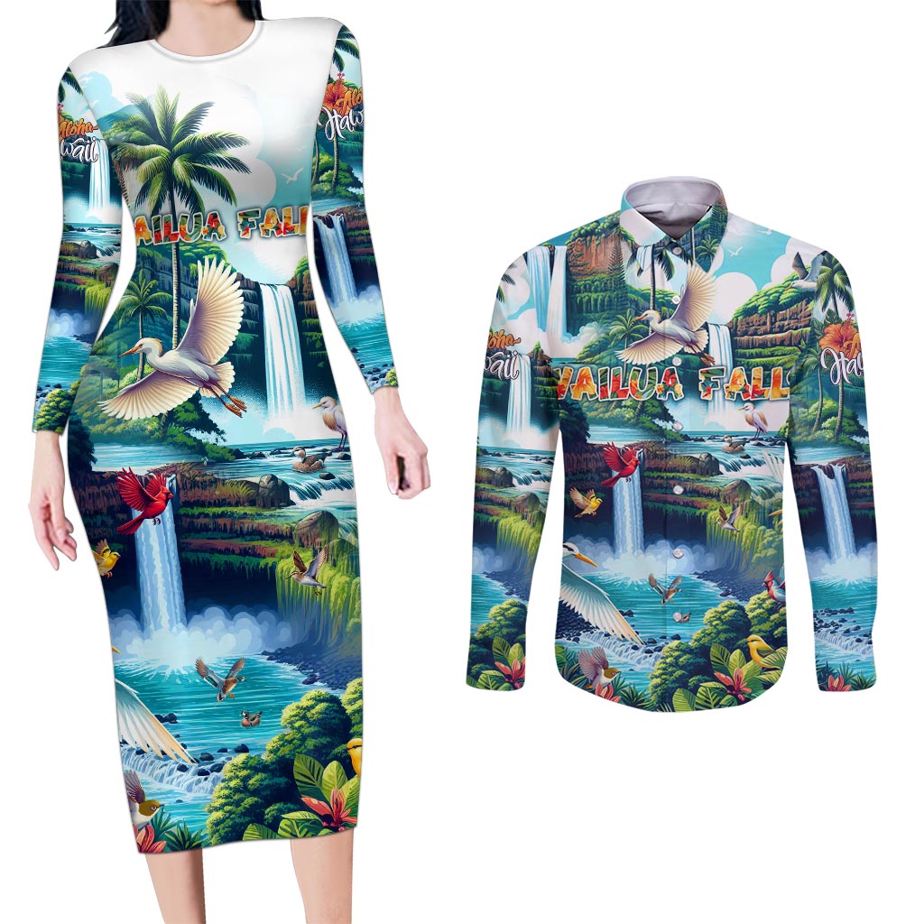 Wailua Falls Hawaii Couples Matching Long Sleeve Bodycon Dress and Long Sleeve Button Shirt Kauai Natural Beauty