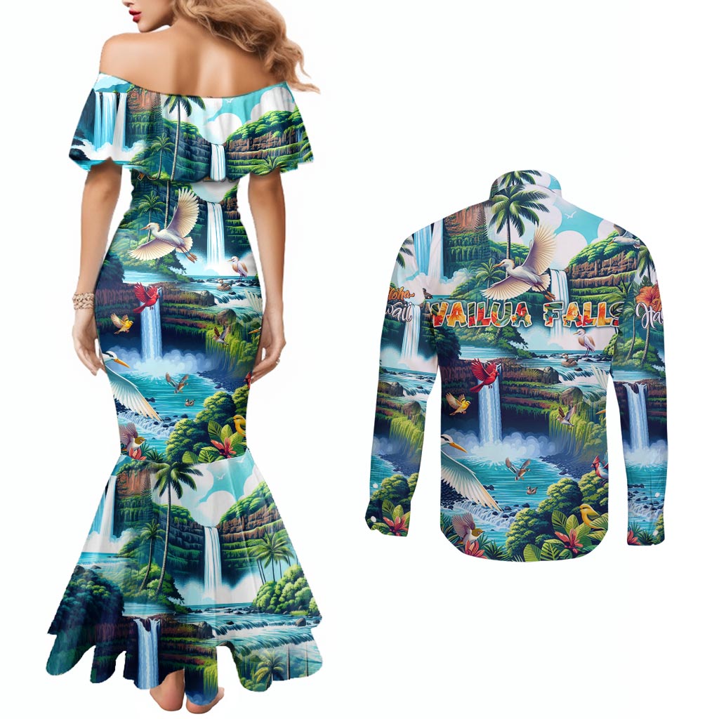 Wailua Falls Hawaii Couples Matching Mermaid Dress and Long Sleeve Button Shirt Kauai Natural Beauty
