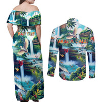 Wailua Falls Hawaii Couples Matching Off Shoulder Maxi Dress and Long Sleeve Button Shirt Kauai Natural Beauty