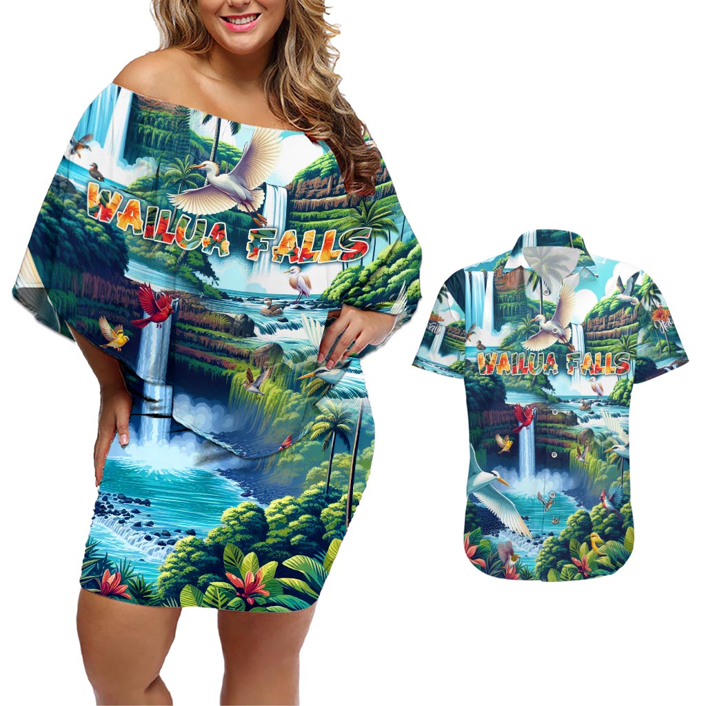 Wailua Falls Hawaii Couples Matching Off Shoulder Short Dress and Hawaiian Shirt Kauai Natural Beauty