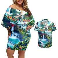 Wailua Falls Hawaii Couples Matching Off Shoulder Short Dress and Hawaiian Shirt Kauai Natural Beauty