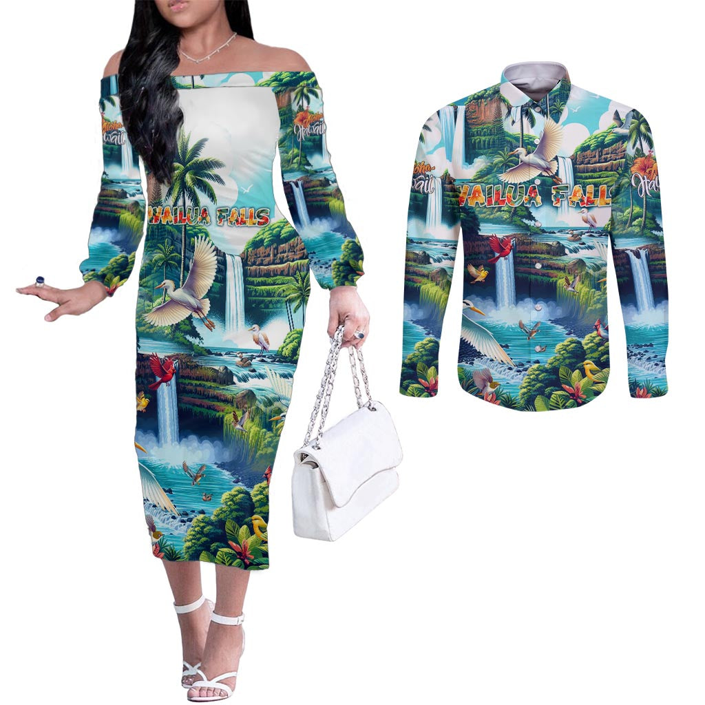 Wailua Falls Hawaii Couples Matching Off The Shoulder Long Sleeve Dress and Long Sleeve Button Shirt Kauai Natural Beauty