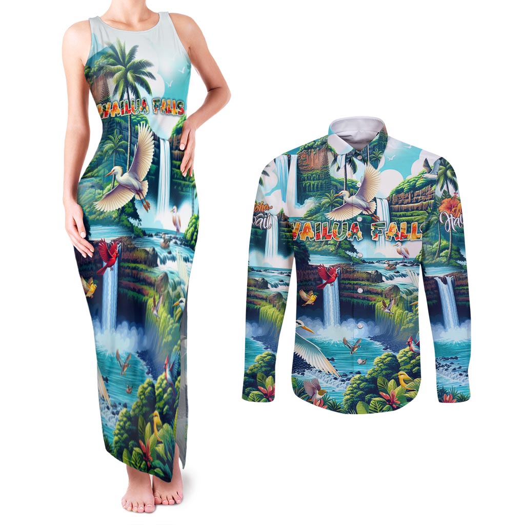 Wailua Falls Hawaii Couples Matching Tank Maxi Dress and Long Sleeve Button Shirt Kauai Natural Beauty