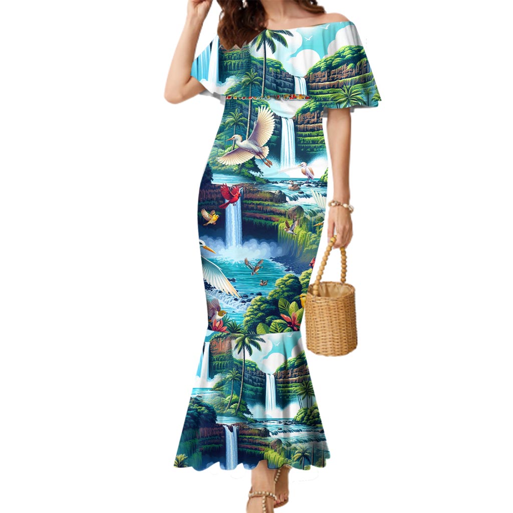 Wailua Falls Hawaii Family Matching Mermaid Dress and Hawaiian Shirt Kauai Natural Beauty