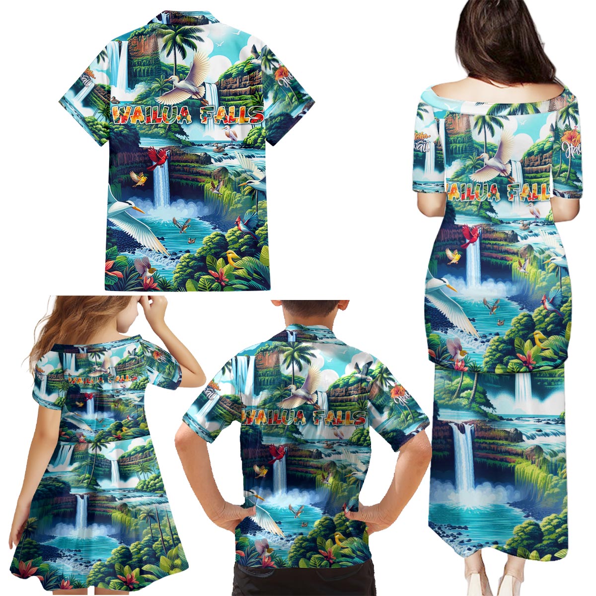 Wailua Falls Hawaii Family Matching Puletasi and Hawaiian Shirt Kauai Natural Beauty