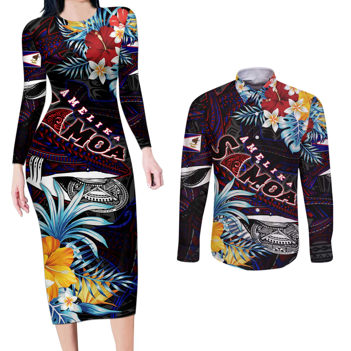 Personalized Amelika Samoa Sharks Polynesia Couples Matching Long Sleeve Bodycon Dress and Long Sleeve Button Shirt American Samoa