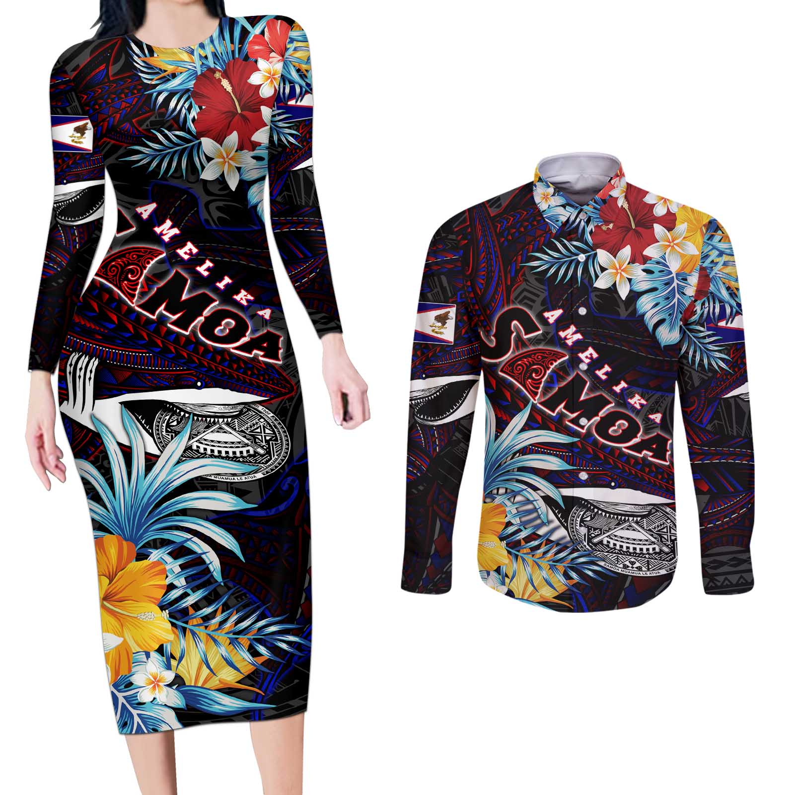 Personalized Amelika Samoa Sharks Polynesia Couples Matching Long Sleeve Bodycon Dress and Long Sleeve Button Shirt American Samoa