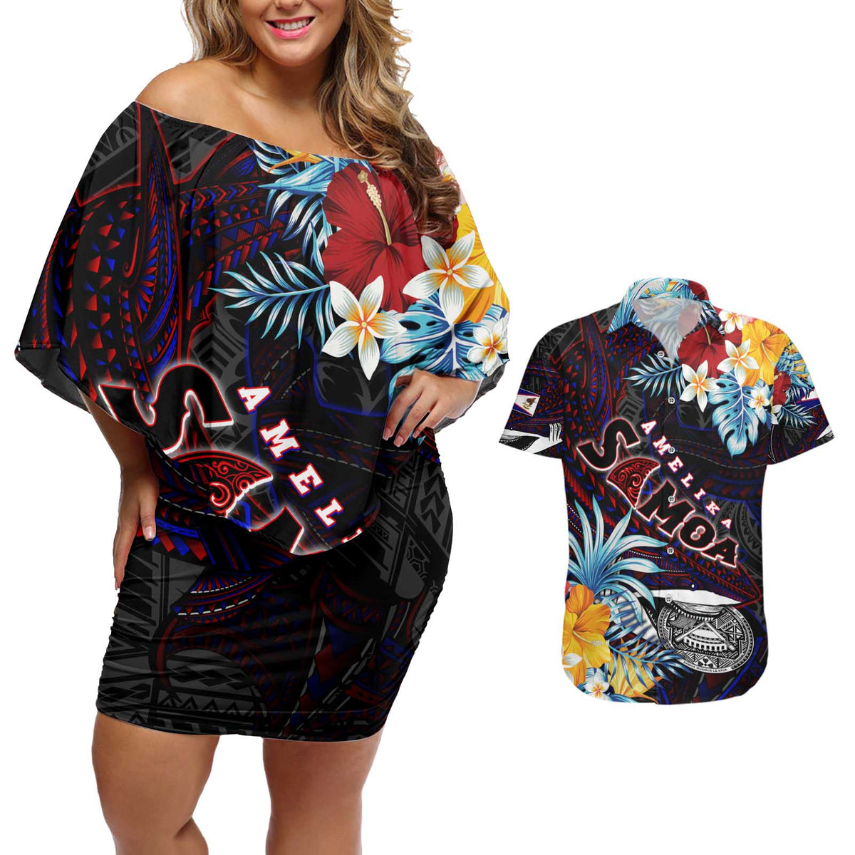 Personalized Amelika Samoa Sharks Polynesia Couples Matching Off Shoulder Short Dress and Hawaiian Shirt American Samoa DT02 Black - Polynesian Pride