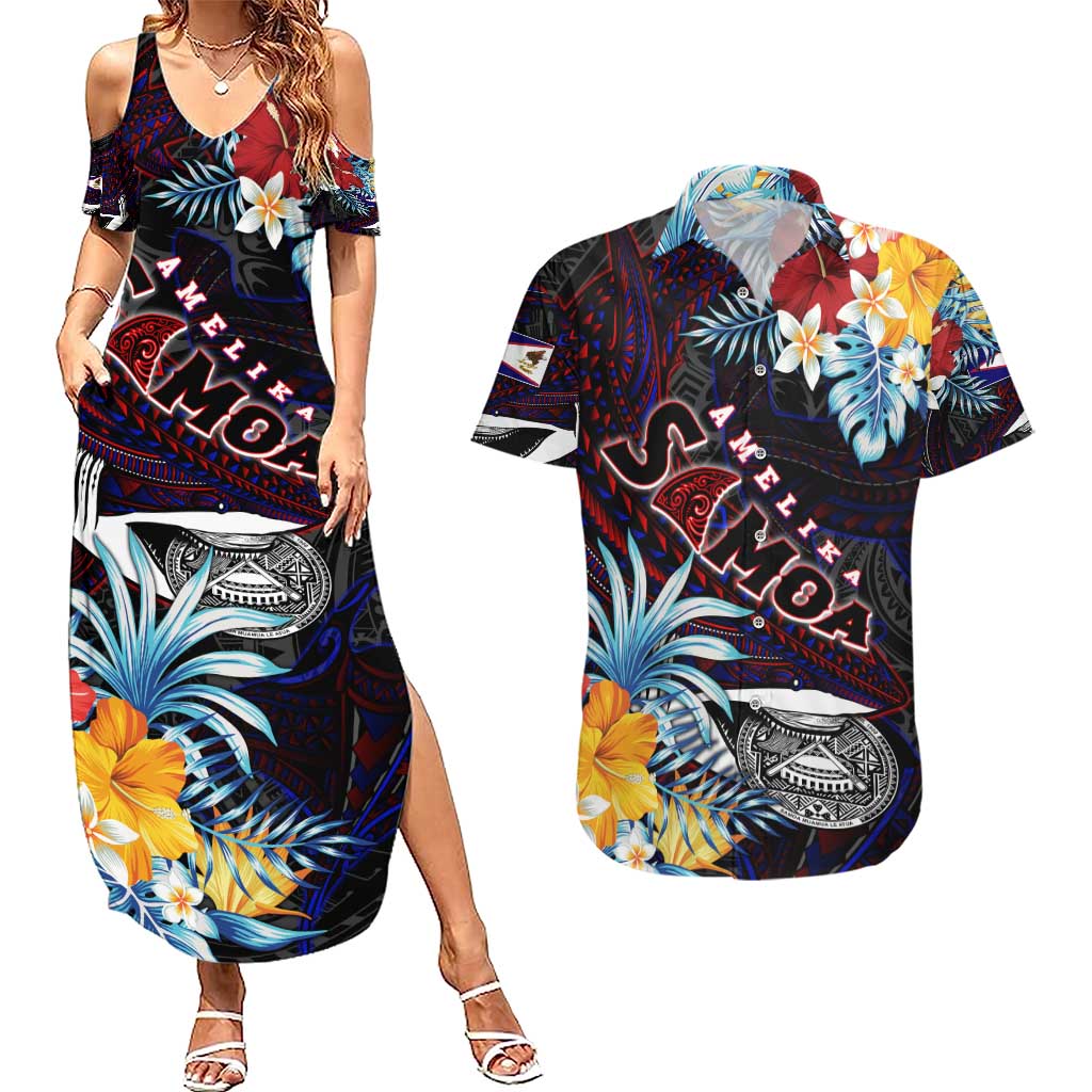 Personalized Amelika Samoa Sharks Polynesia Couples Matching Summer Maxi Dress and Hawaiian Shirt American Samoa DT02 Black - Polynesian Pride