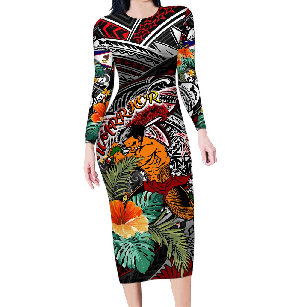 Personalized American Samoa Warrior Family Matching Long Sleeve Bodycon Dress and Hawaiian Shirt Shark Turtle Polynesian Tattoo