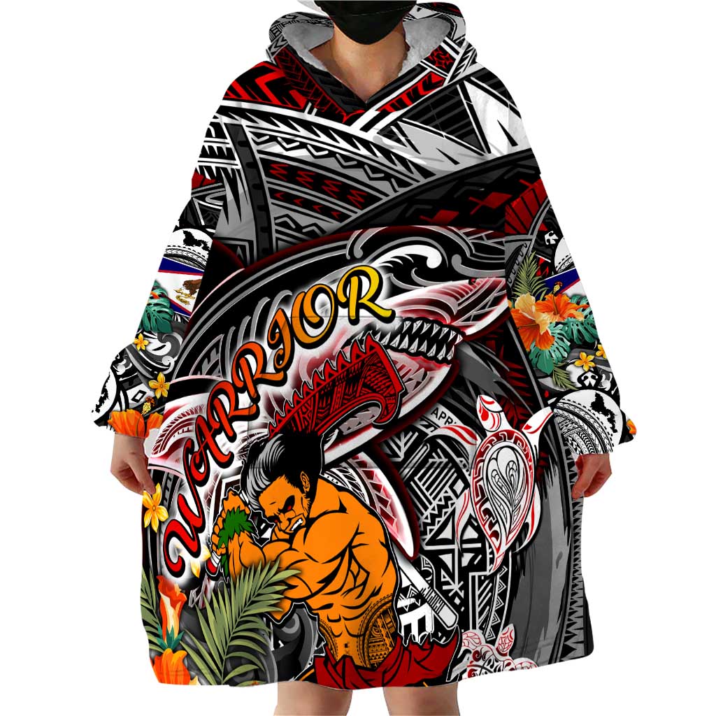 Personalized American Samoa Warrior Wearable Blanket Hoodie Shark Turtle Polynesian Tattoo