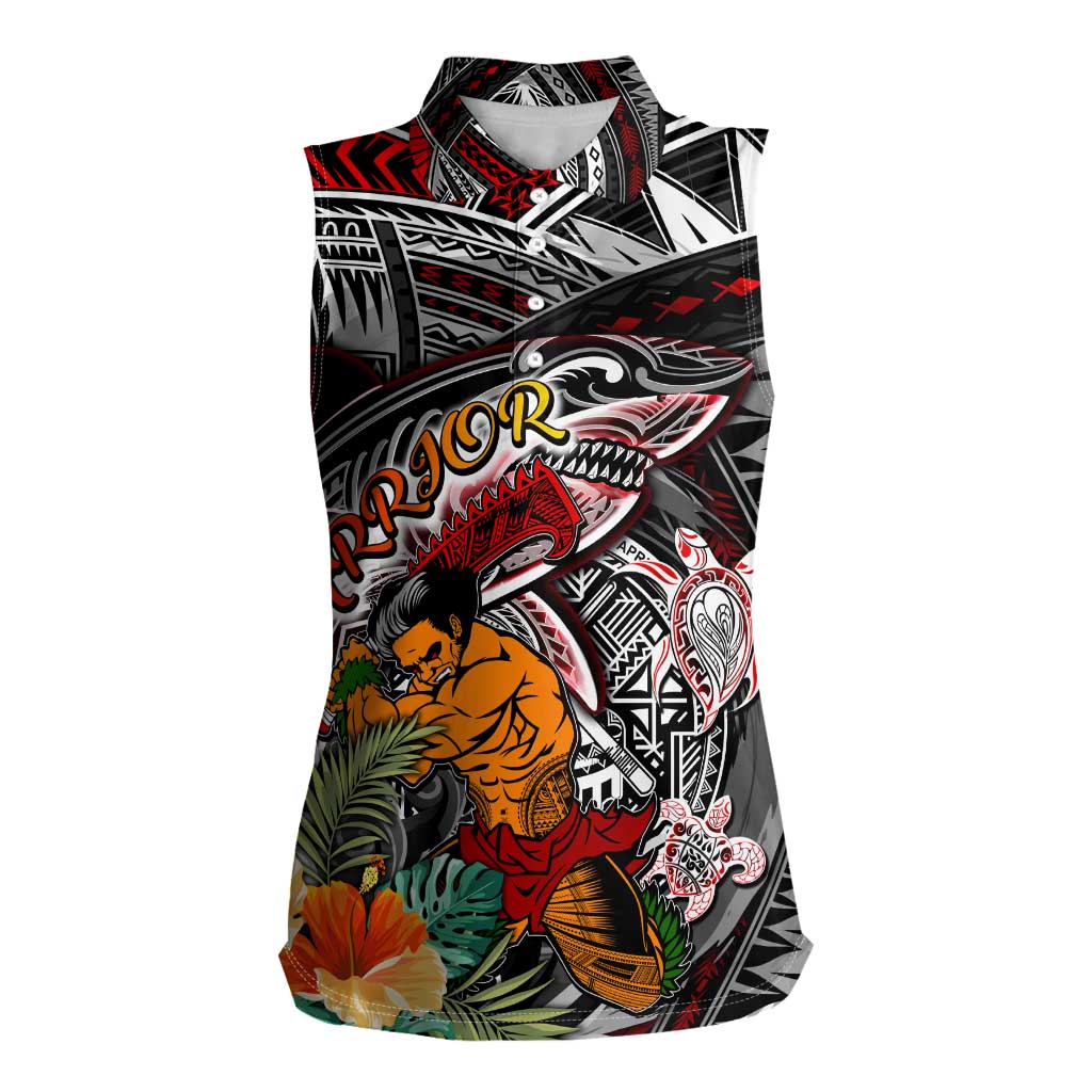 Personalized American Samoa Warrior Women Sleeveless Polo Shirt Shark Turtle Polynesian Tattoo DT02 Female Black - Polynesian Pride