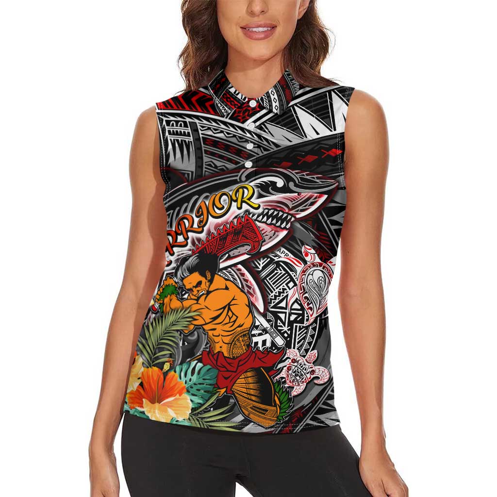 Personalized American Samoa Warrior Women Sleeveless Polo Shirt Shark Turtle Polynesian Tattoo DT02 - Polynesian Pride