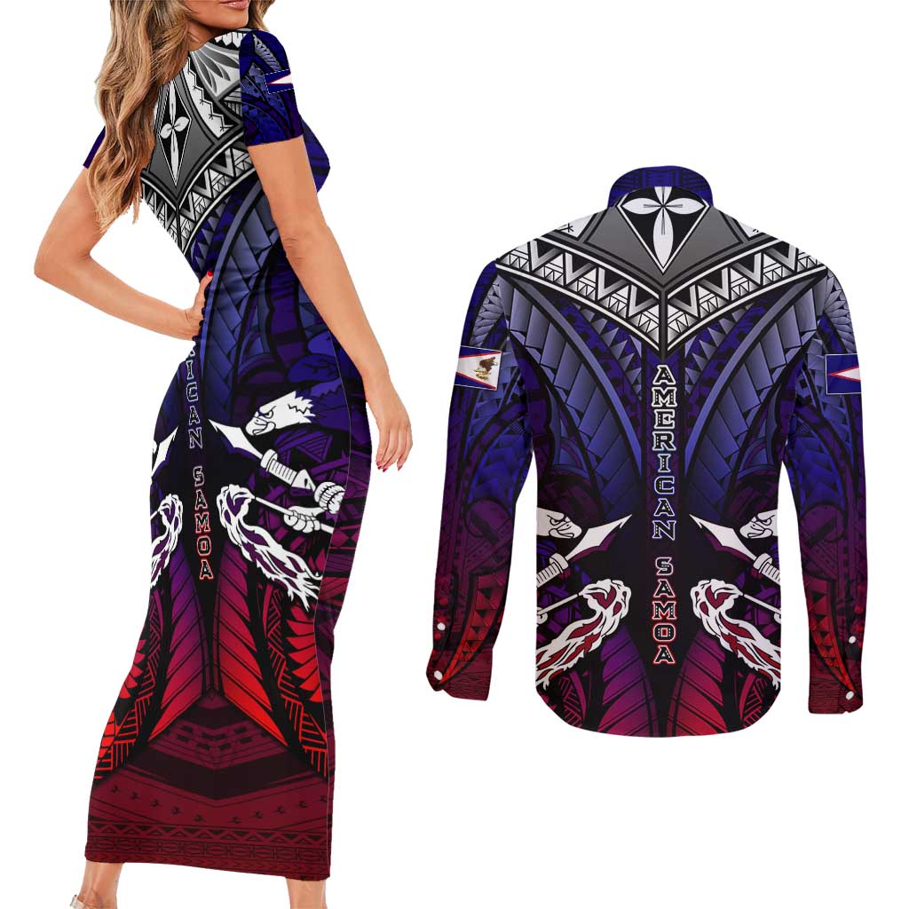 Personalized American Samoa Flag Couples Matching Short Sleeve Bodycon Dress and Long Sleeve Button Shirt Eagles Polynesian Art