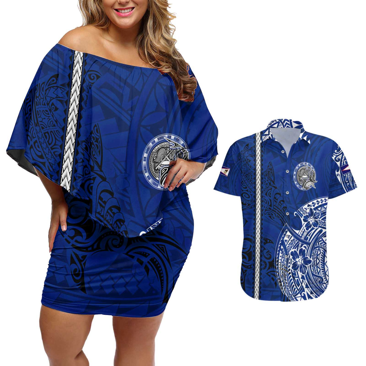 Sharks And American Samoa Couples Matching Off Shoulder Short Dress and Hawaiian Shirt Simple Polynesian Blue DT02 Blue - Polynesian Pride