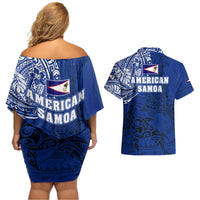 Sharks And American Samoa Couples Matching Off Shoulder Short Dress and Hawaiian Shirt Simple Polynesian Blue DT02 - Polynesian Pride