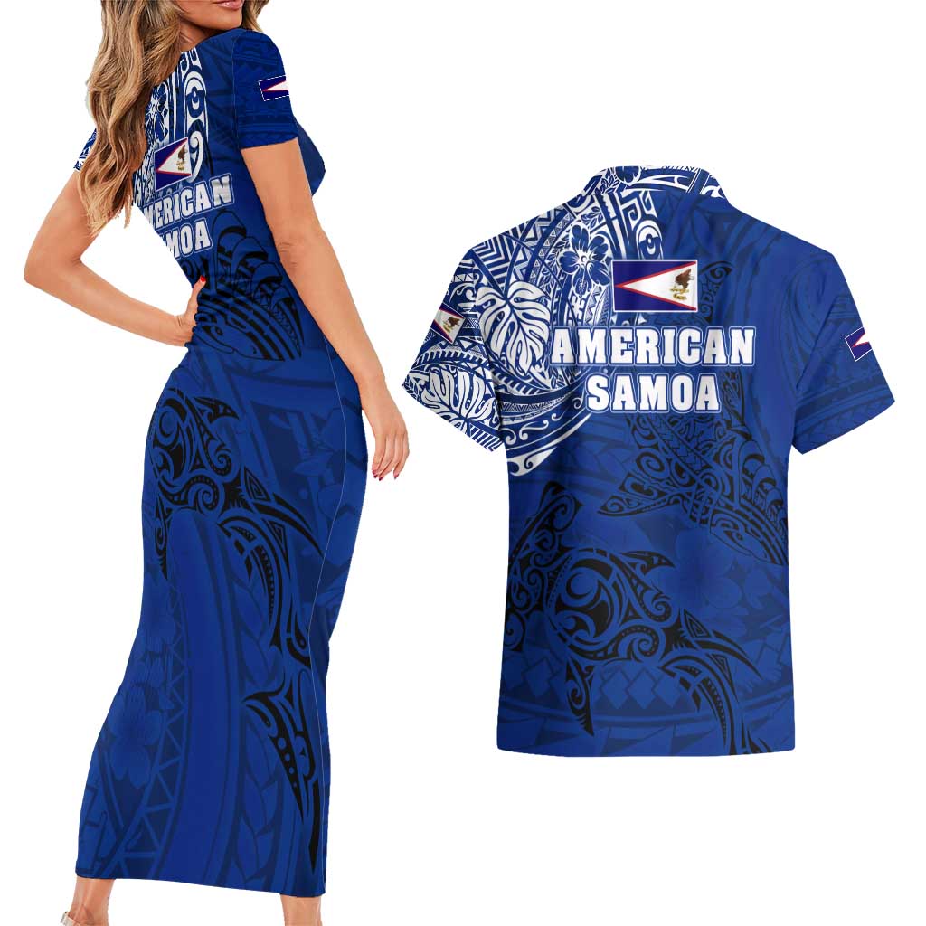 Sharks And American Samoa Couples Matching Short Sleeve Bodycon Dress and Hawaiian Shirt Simple Polynesian Blue