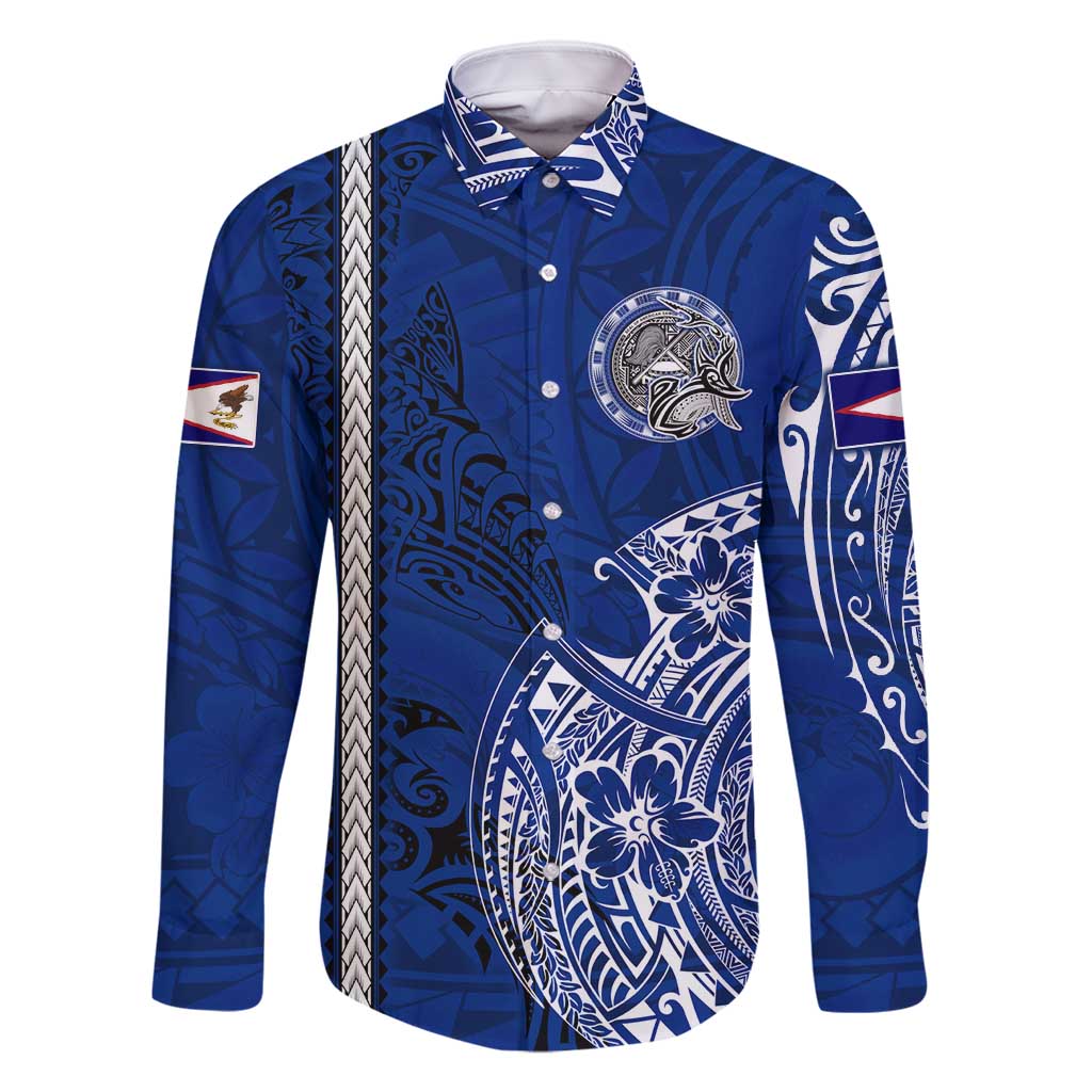 Sharks And American Samoa Family Matching Tank Maxi Dress and Hawaiian Shirt Simple Polynesian Blue DT02 Dad's Shirt - Long Sleeve Blue - Polynesian Pride