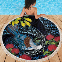New Zealand Tui Bird Beach Blanket Maori Koru Mix Pohutukawa